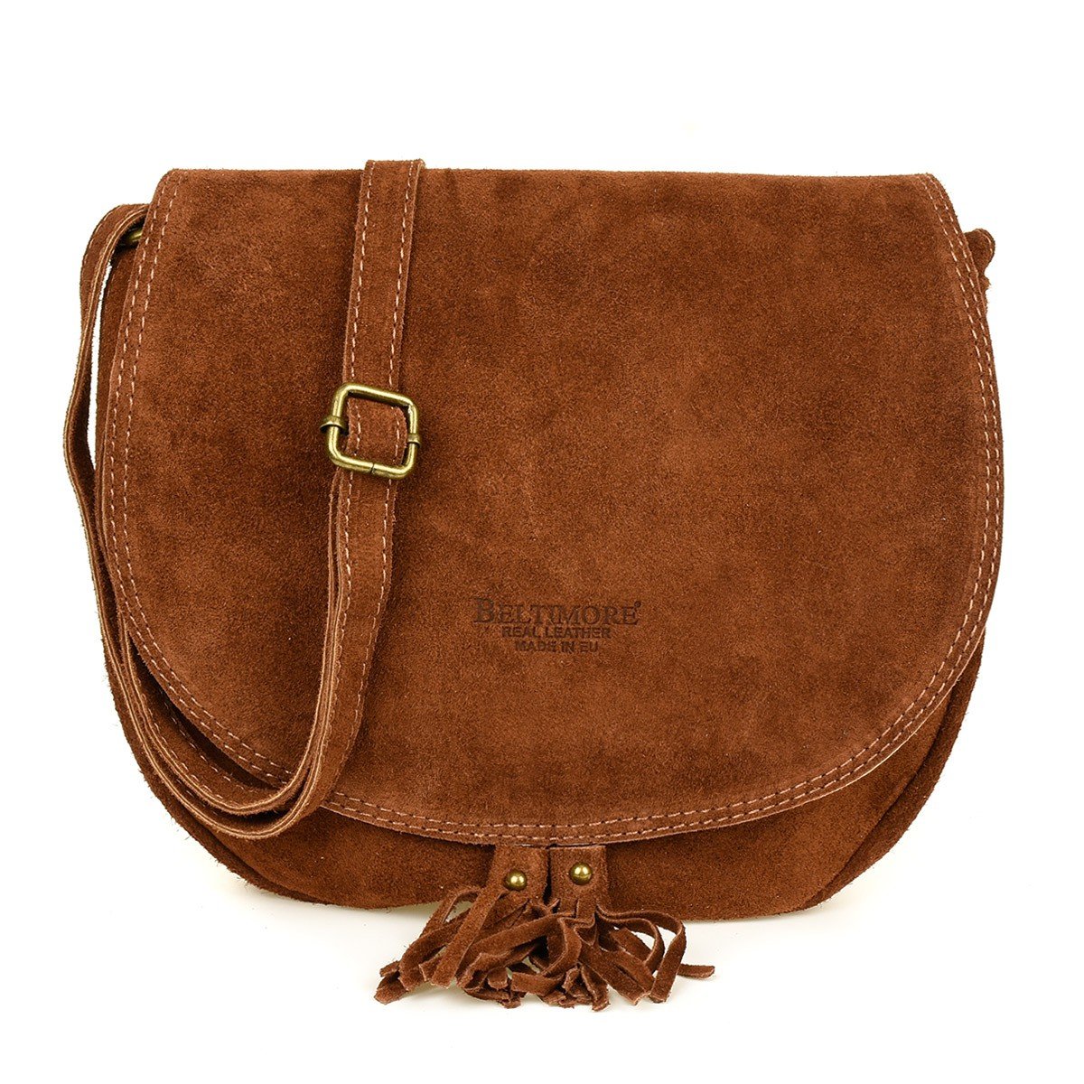 Koniakowa Torebka podkówka listonoszka damska skóra włoska miękka B66 brązowy, beżowy