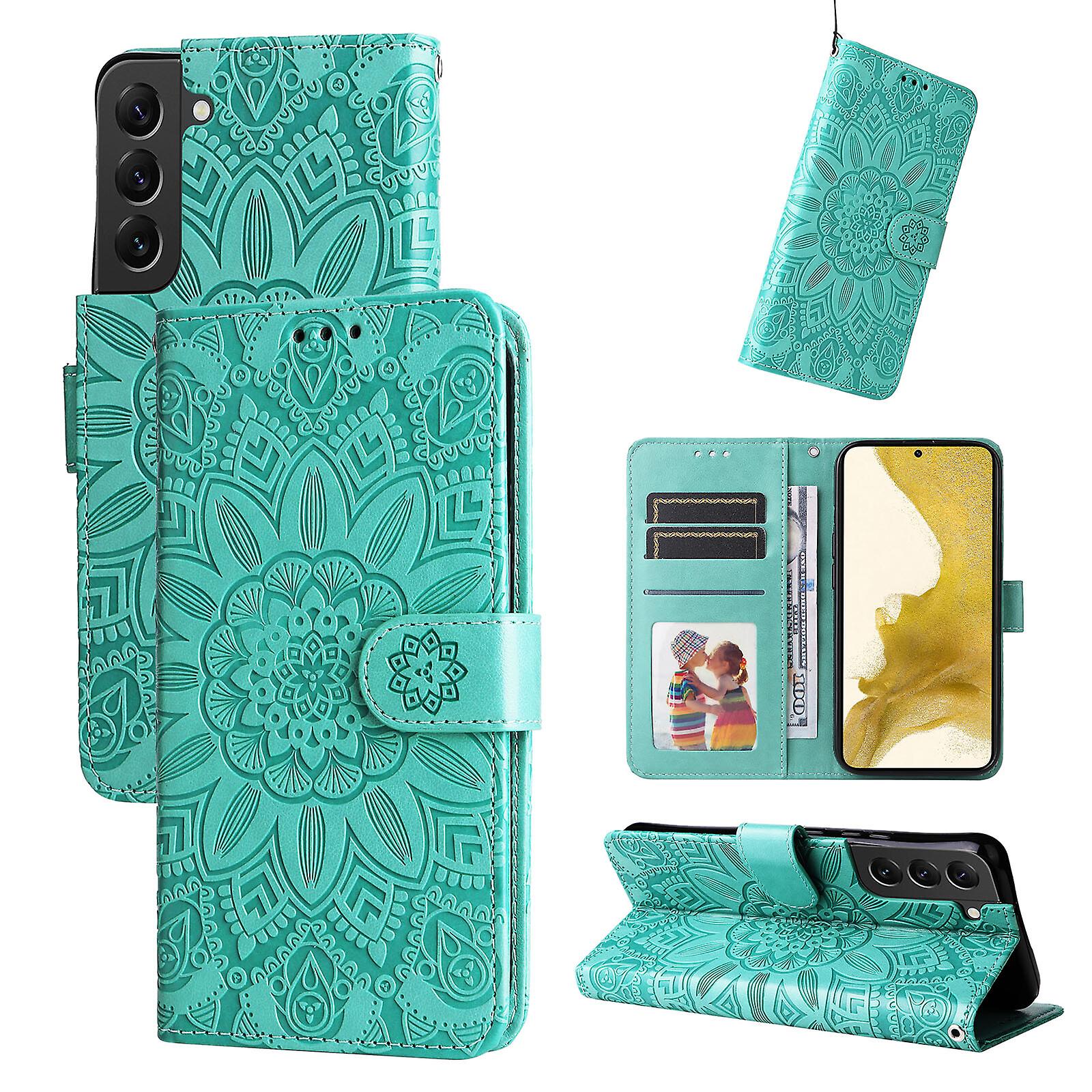 Kompatybilny z etui Samsung Galaxy S22 5G Wzór słonecznika Wytłaczana skóra PU Magnetyczny portfel z klapką Etui na karty Zielony