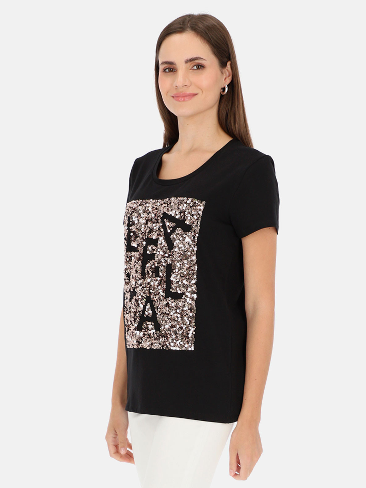 Czarny t-shirt damski z cekinową aplikacją L'AF Paris