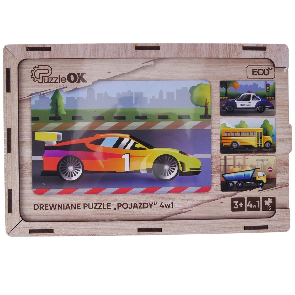 Puzzle 4w1 Drewniane Pojazdy