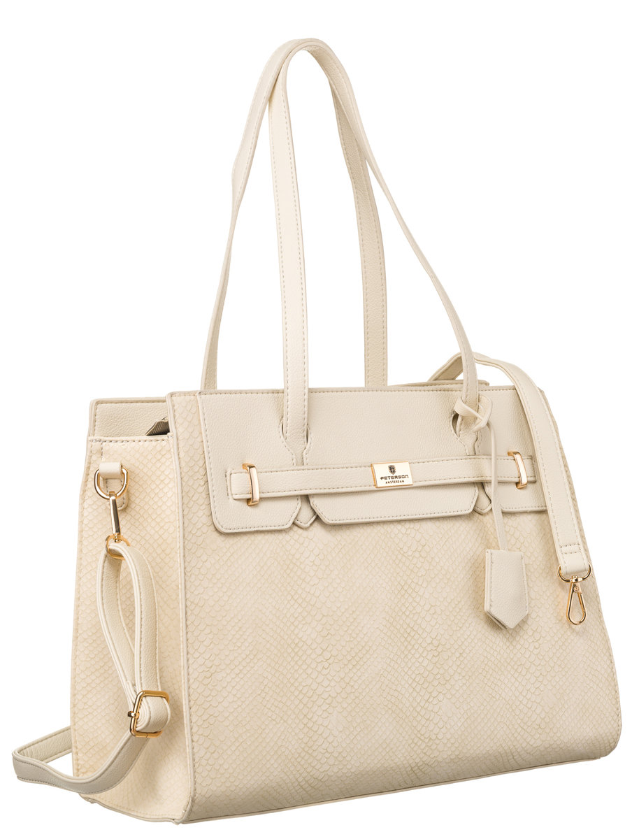 Duża modna torebka A4 torebka damska na ramię z długim regulowanym paskiem skóra ekologiczna Peterson, beżowy