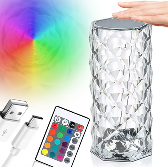 LAMPA LAMPKA KRYSZTAŁOWA DIAMENTOWA LED NOCNA DOTYKOWA RÓŻA ROSE PILOT RGB  ŚWIECĄCA MIENIĄCA USB-C