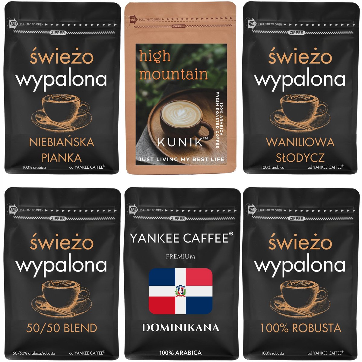 Kawa ziarnista Świeżo Palona Zestaw próbek 6x200g mix do degustacji prezent ZWa
