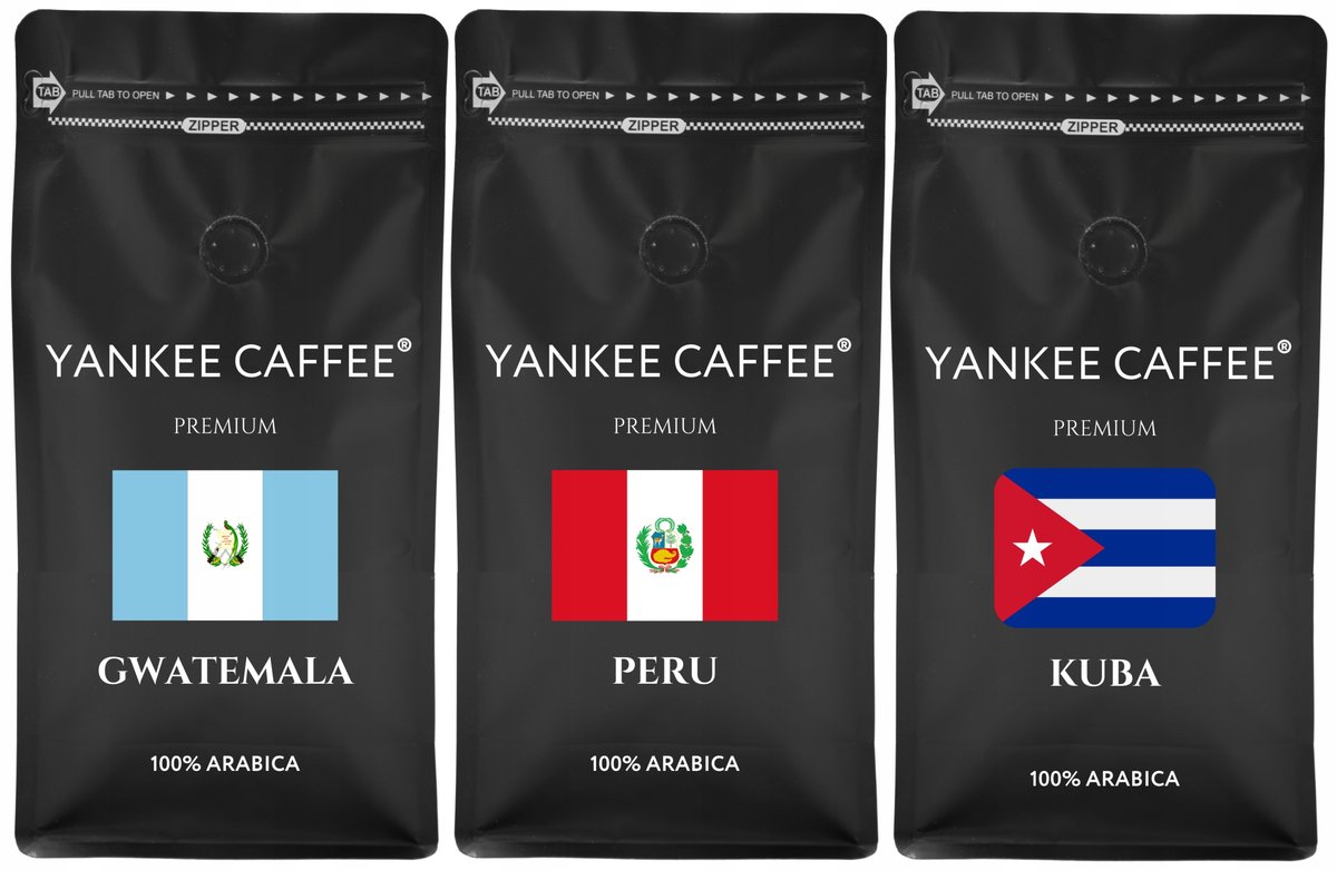 Kawa ziarnista Świeżo Palona Zestaw 3x1kg z różnych krajów Yankee Caffee (G,PE,KU)