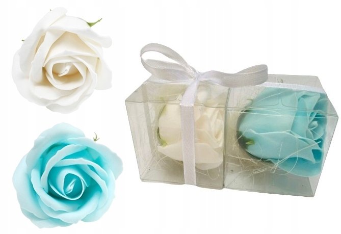 FLOWER BOX KWIATY MYDLANE RÓŻA BIAŁO NIEBIESKA na prezent upominek GOŚCI