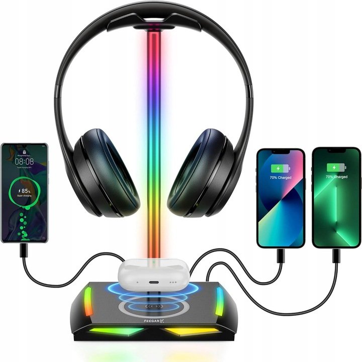 STOJAK NA SŁUCHAWKI FEEGAR HOLD Podświetlanie RGB HUB 3x USB Typ-C Indukcja