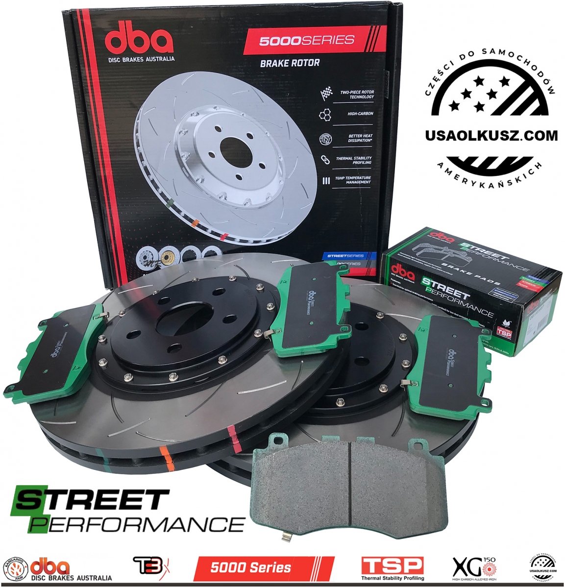 Przednie klocki DBA STREET PERFORMANCE + pływające dwuczęściowe tarcze hamulcowe 400mm DBA T3 series 5000 Jeep Grand Cherokee SRT Trackhawk 6,2 V8 Supercharged