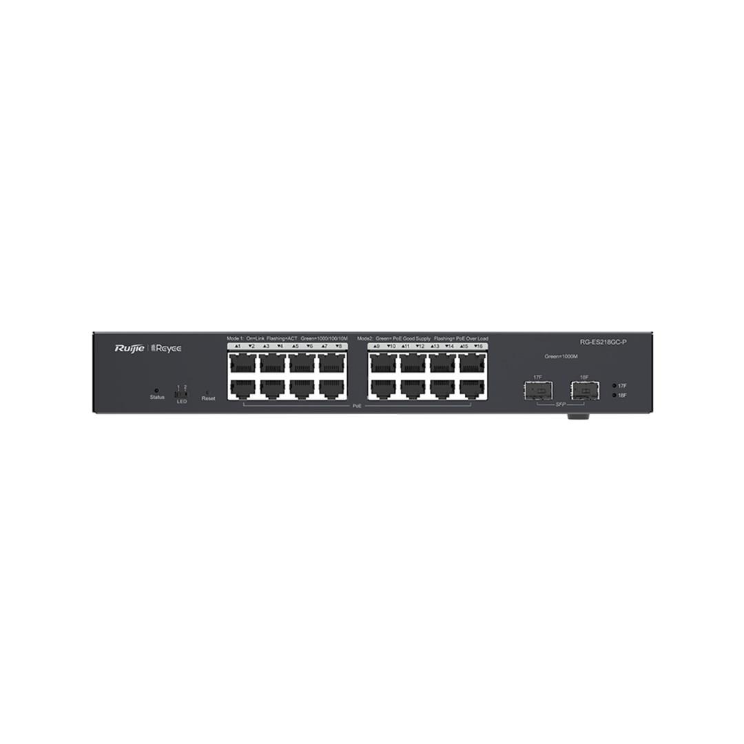 REYEE SWITCH ZARZĄDZALNY 16 PORTÓW 1GBIT + 2 PORTY UPLINK SFP 1GBIT 16 PORTÓW POE+ (240W MAX) L2 RACK RG-ES218GC-P