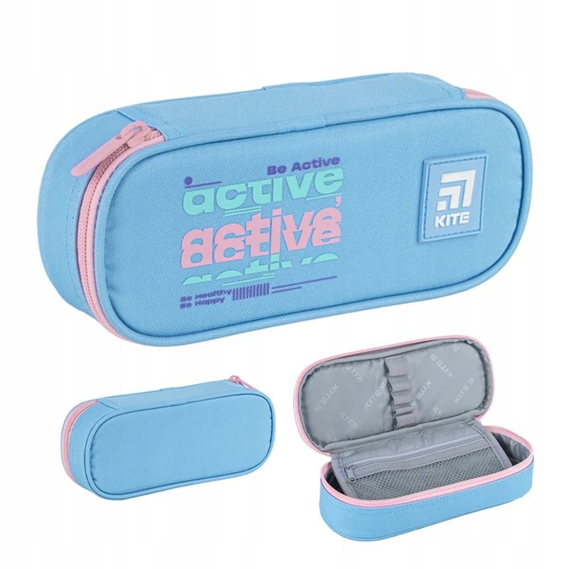 Piórnik saszetka szkolny przybornik niebieski z napisami Kite