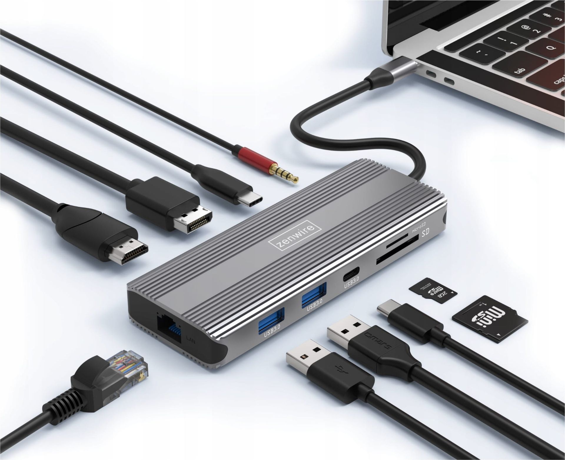 HUB USB Zenwire HUB USB-C 10w1 Display Port 1.4 HDMI 2.1 8K 4K 120Hz 60Hz Full HD 144Hz USB 3.0 SD Power Delivery 100W Macbook M1 M2 Zenwire