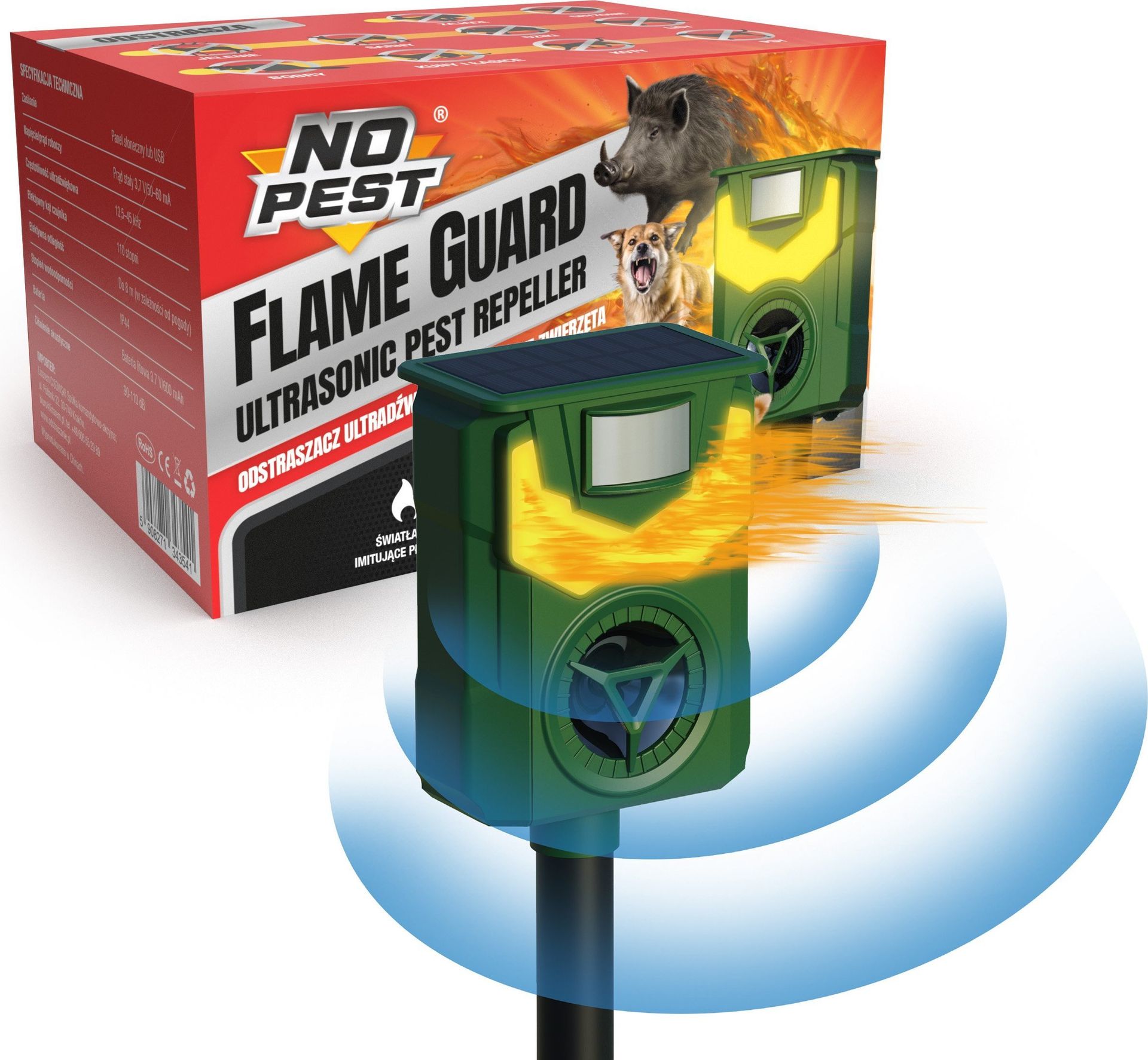 NO PEST Ultradźwiękowy, solarny odstraszacz na dzikie zwierzęta Flame Guard