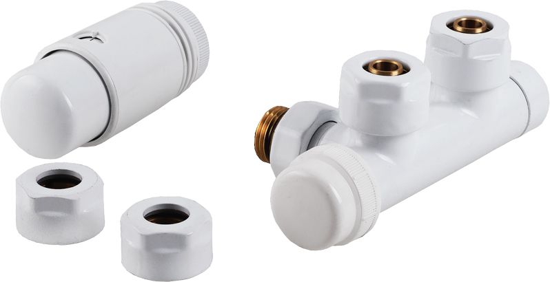 Perfexim Zintegrowany zestaw termostatyczny PHA-036 kątowy biały, rozstaw 50mm PN10 + złączki na CU 15 i pexa 16x2 20-036-0000-001