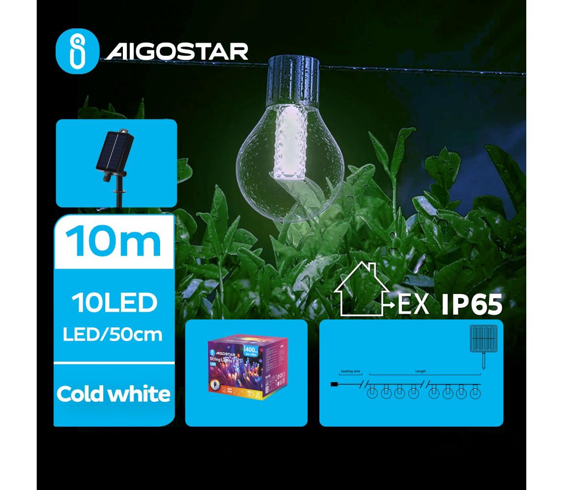 Aigostar - LED Odobny łańcuch solarny 10xLED/8 funkcje 10,5m IP65 zimna biel