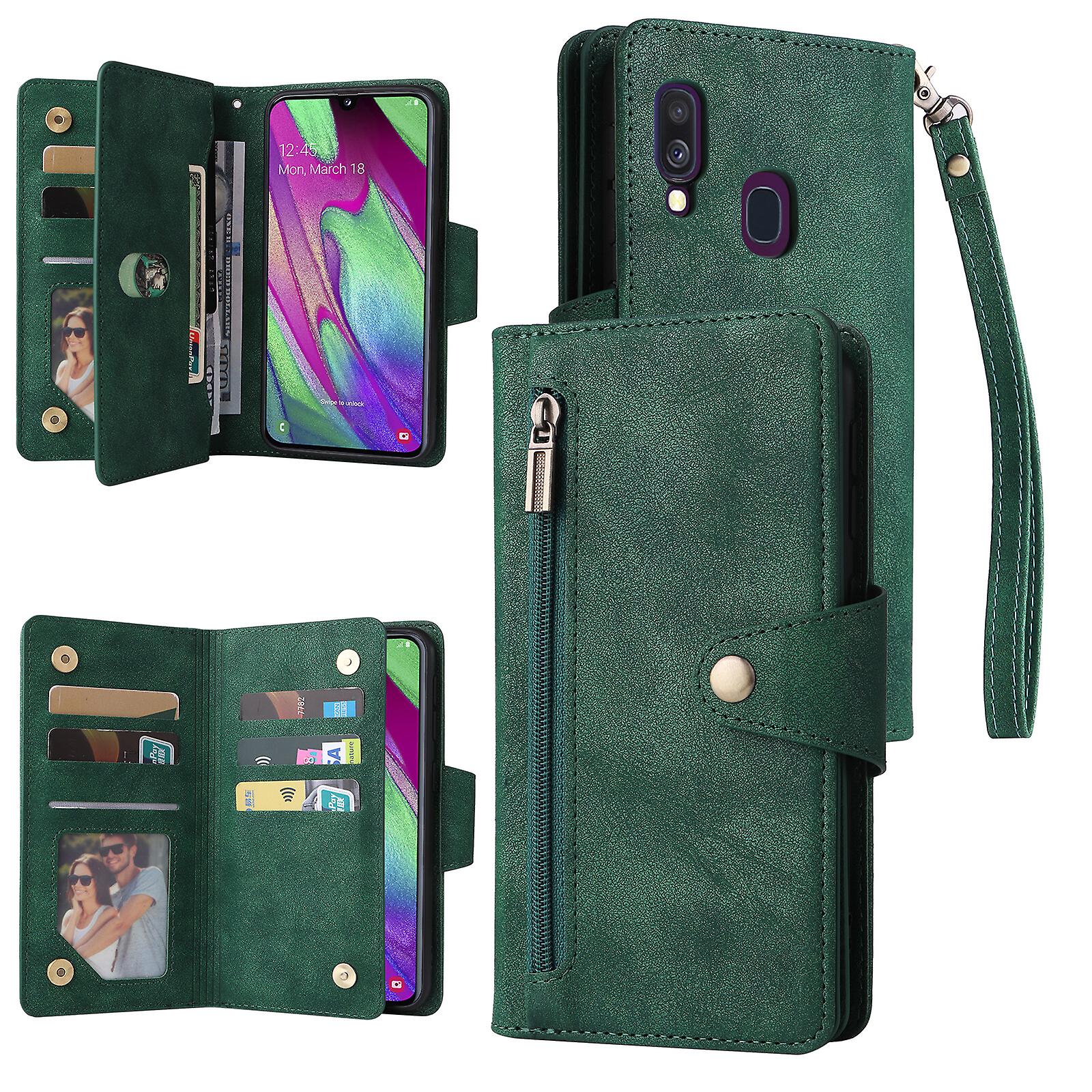 Foxdock Kompatybilny z Samsung Galaxy A40 Etui PU Magnetyczny zamek błyskawiczny z klapką Etui na karty Etui na portfel Zielony