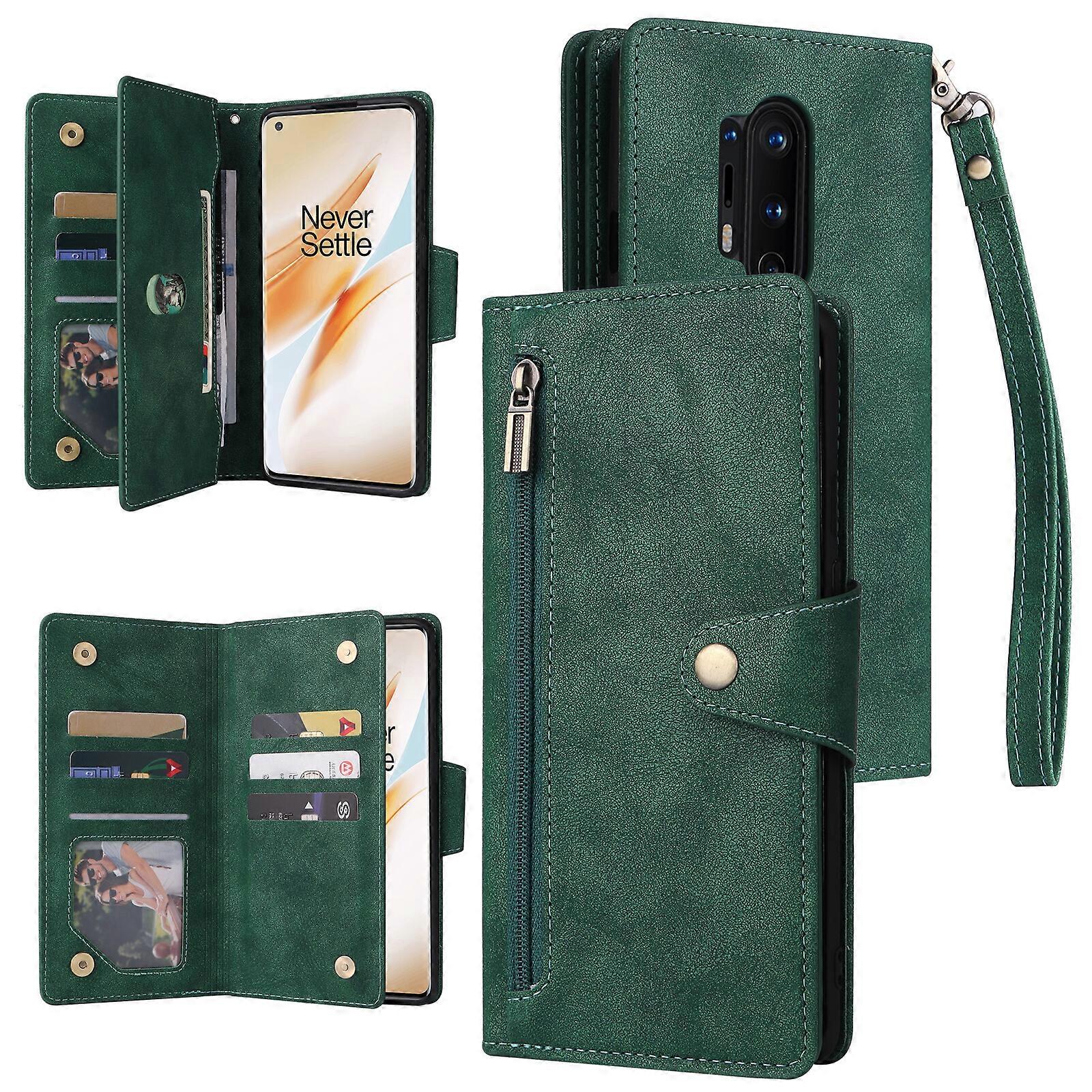 Foxdock Kompatybilny z etui OnePlus 8 Pro Skórzany magnetyczny uchwyt na karty z klapką z klapką i zamkiem błyskawicznym Pokrowiec na portfel Zielony