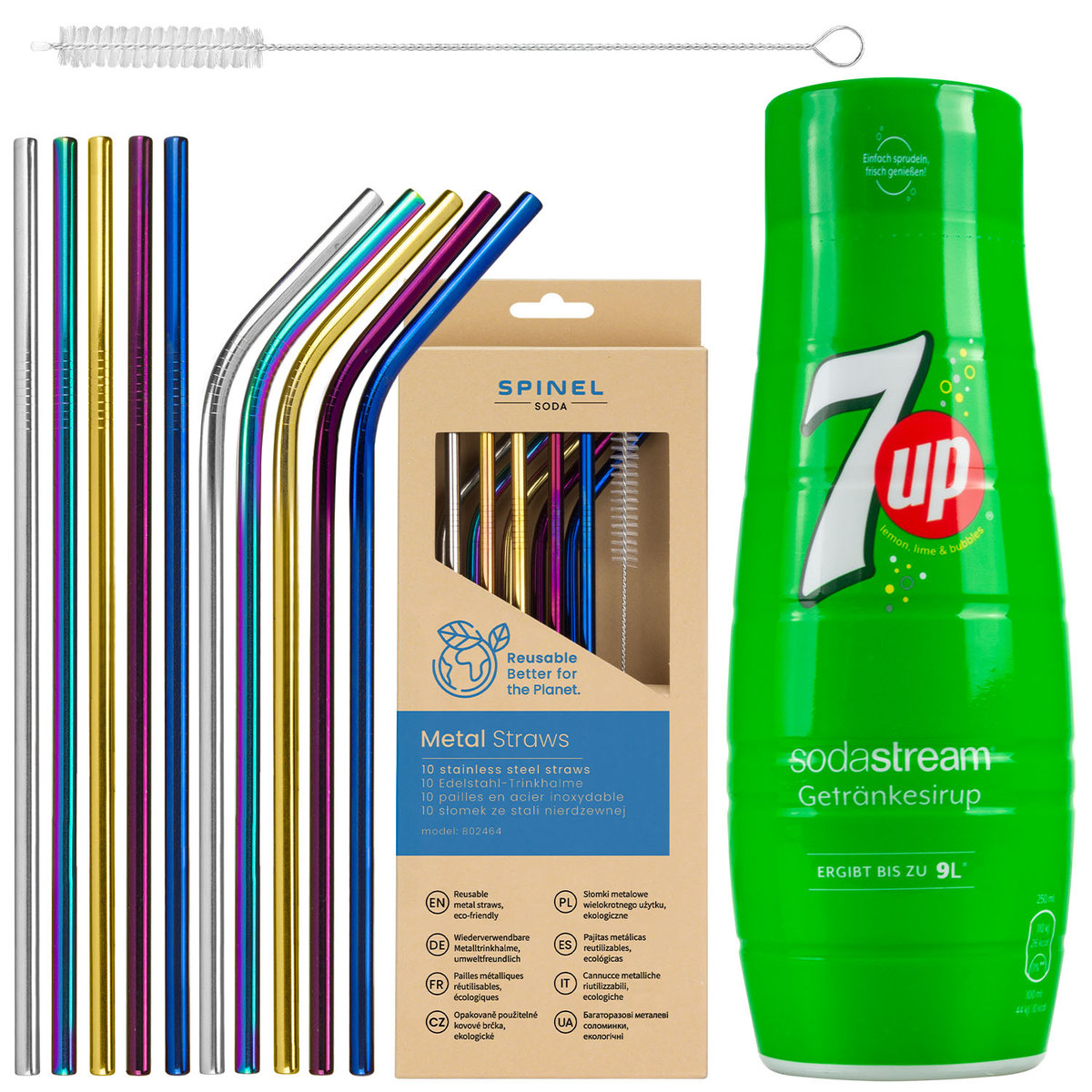 Syrop do SodaStream 7up + Metalowe słomki SpinelSoda x10