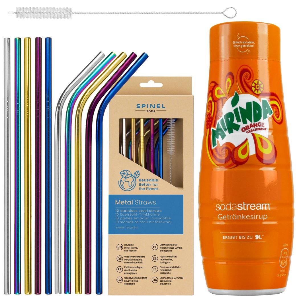 Syrop do SodaStream Mirinda + Metalowe słomki SpinelSoda x10