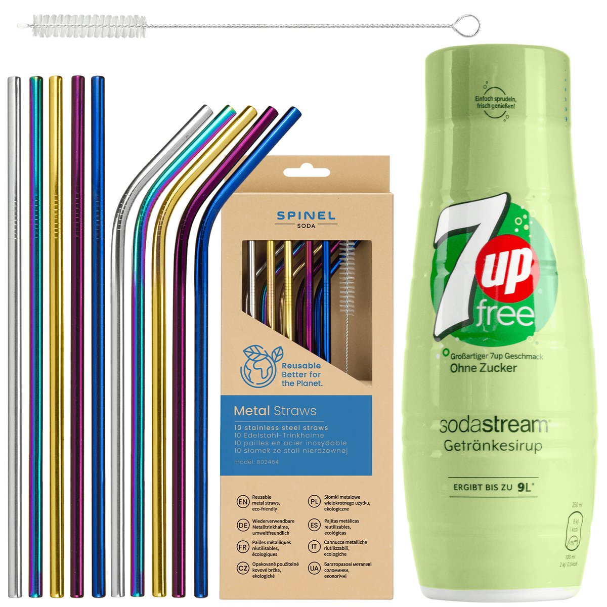 Syrop do SodaStream 7UP Free Zero Cukru + Metalowe słomki SpinelSoda x10