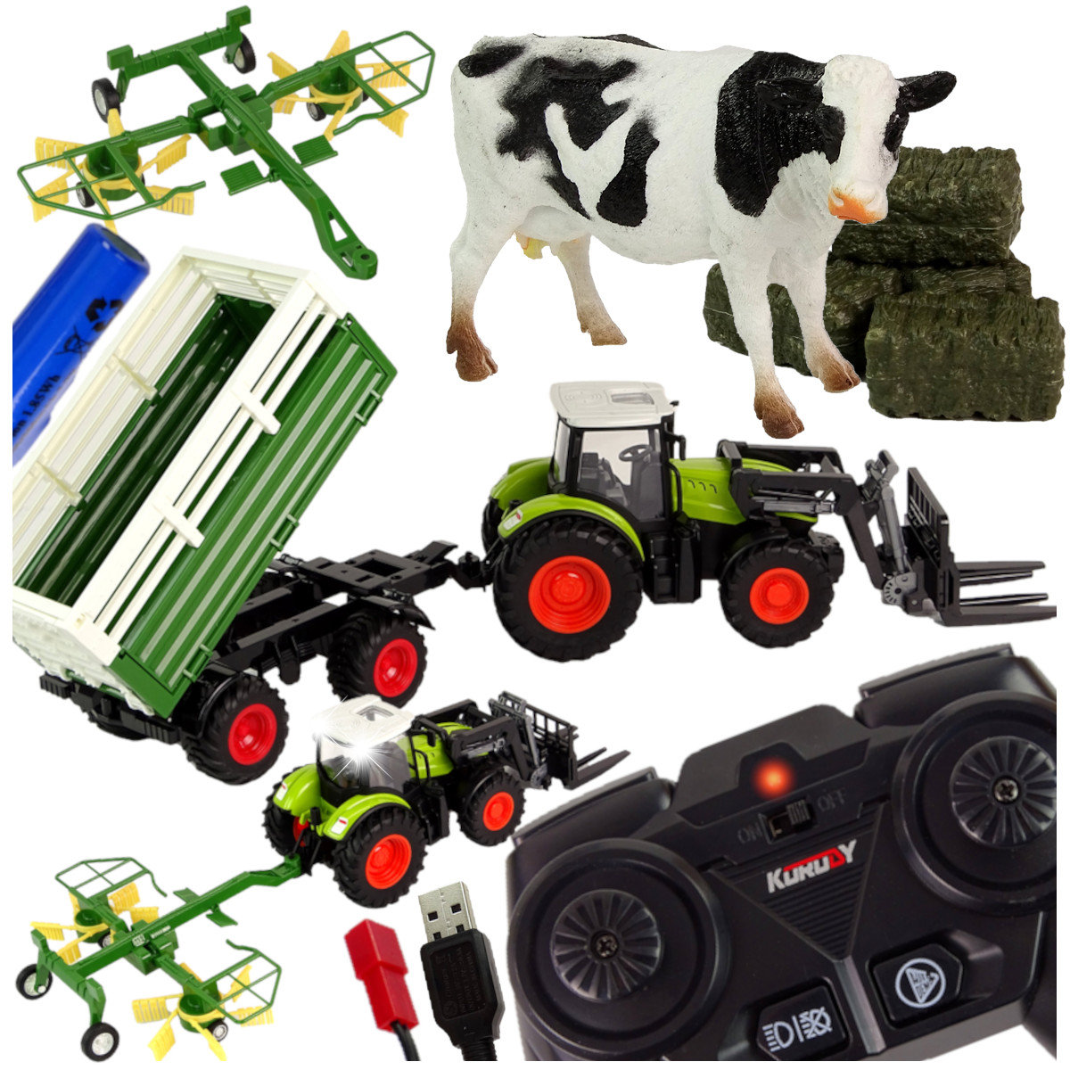 DUŻY ZESTAW TRAKTOR ZDALNIE STEROWANY R/C + MASZYNY ROLNICZE + FIGURKA Z909