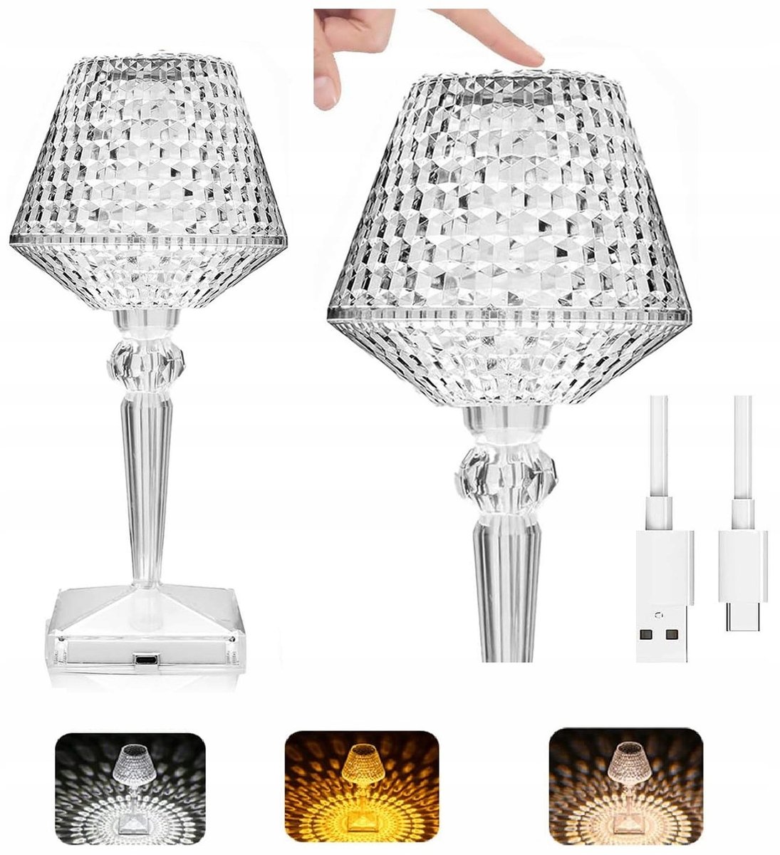 Lampka Nocna LED Kryształowa Lampa Dotykowa Lampa Ozdobna LED USB 26cm