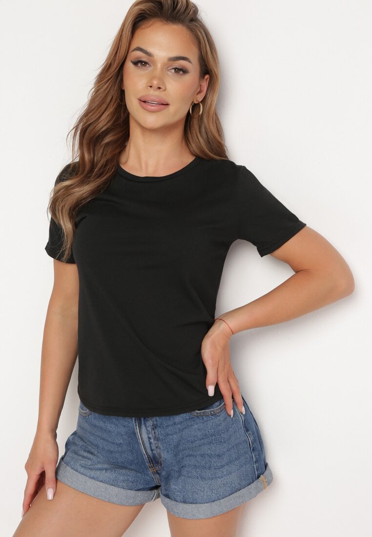 Czarny Gładki T-shirt z Krótkim Rękawem Elldora