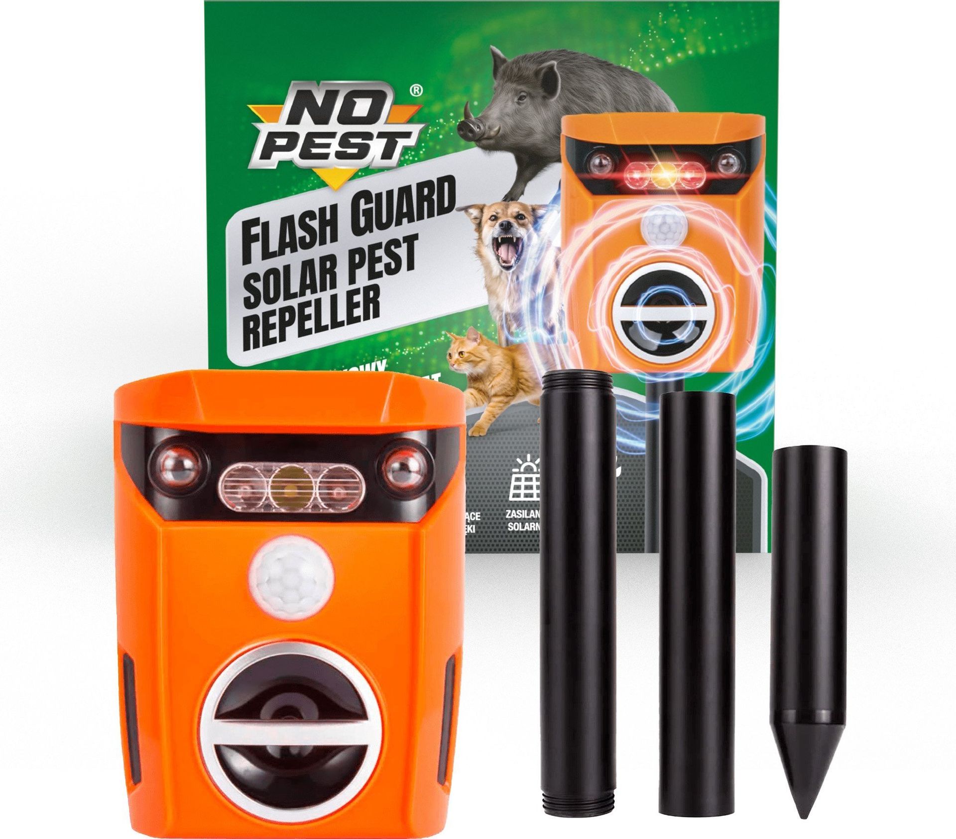 NO PEST Ultradźwiękowy Solarny Odstraszacz Kotów Psów Kun Lisów Dzików Saren Jeleni Ptaków Flash Guard
