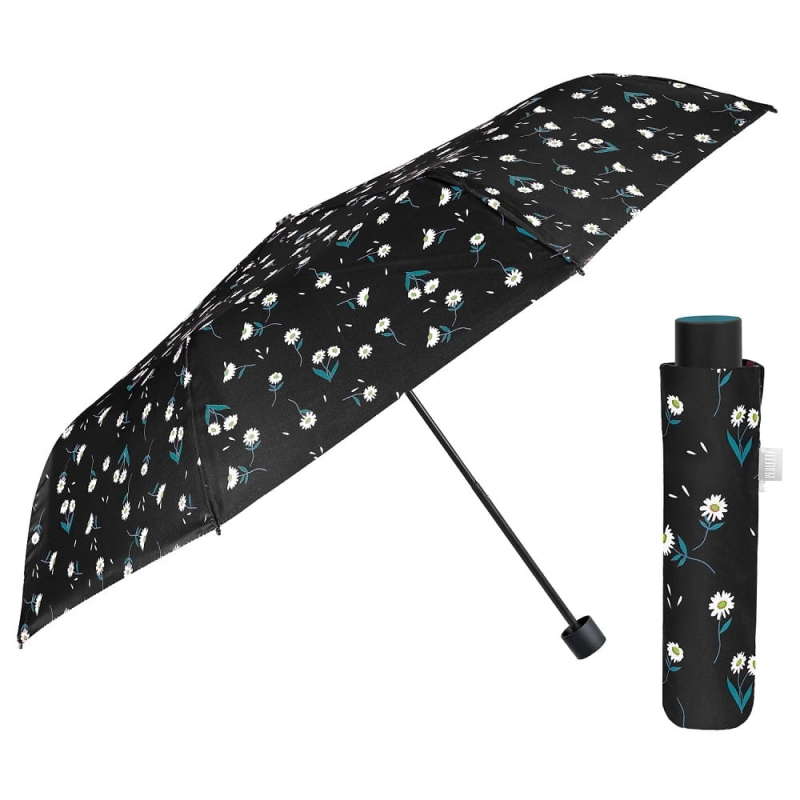 Parasol damski Perletti Time Daisy manualny składany wzór stokrotki czarny