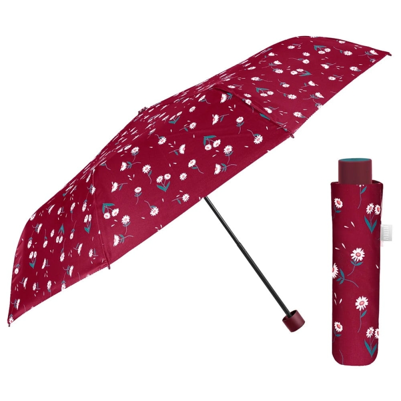 Parasol damski Perletti Time Daisy manualny składany wzór stokrotki czerwony