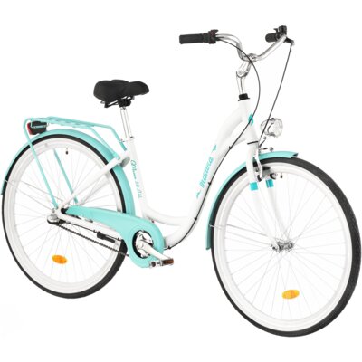 Rower miejski INDIANA Moena A3B 28 cali damski Biało-lazurowy + Koszyk na rower VÖGEL VKS-105 Stalowy