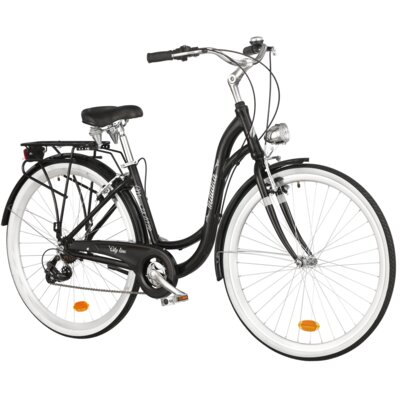 Rower miejski INDIANA Moena A7ZP 28 cali damski Czarny + Koszyk na rower VÖGEL VKS-105 Stalowy