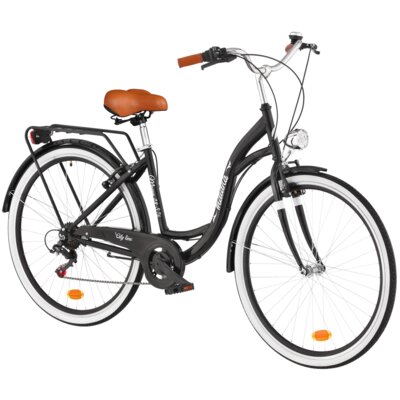 Rower miejski INDIANA Moena S7B 28 cali damski Czarny + Koszyk na rower VÖGEL VKS-105 Stalowy