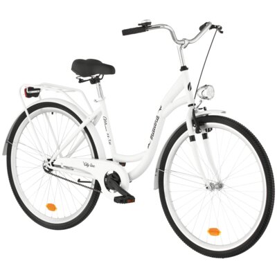 Rower miejski INDIANA Moena S1B 28 cali damski Biały + Koszyk na rower VÖGEL VKS-105 Stalowy