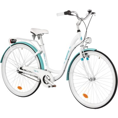 Rower miejski INDIANA Moena A7B 28 cali damski Biało-lazurowy + Koszyk na rower VÖGEL VKS-105 Stalowy