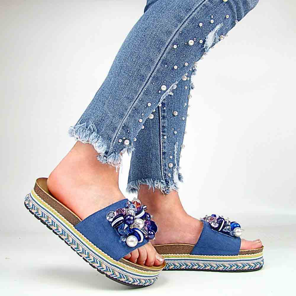 S.Barski HY077 klapki damskie na platformie niebieskie z ozdobą