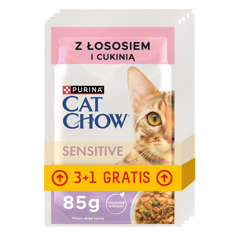 CAT CHOW Sensitive Karma dla kotów z łososiem i cukinią w sosie 4x85g (3+1 GRATIS)