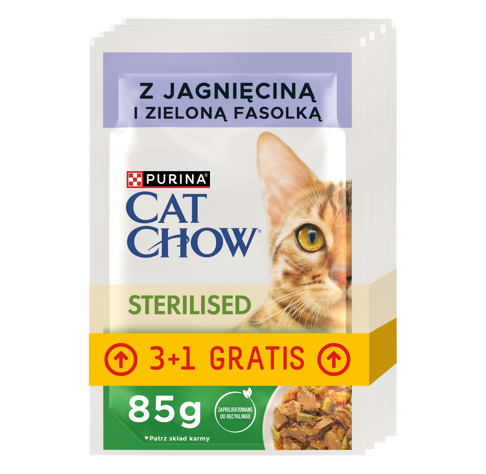 CAT CHOW Sterilised Karma dla kotów z jagnięciną i zieloną fasolką w sosie 4x85g (3+1 GRATIS)