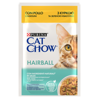 CAT CHOW Hairball Karma dla kotów z kurczakiem i zieloną fasolką w sosie 4x85g (3+1 GRATIS)
