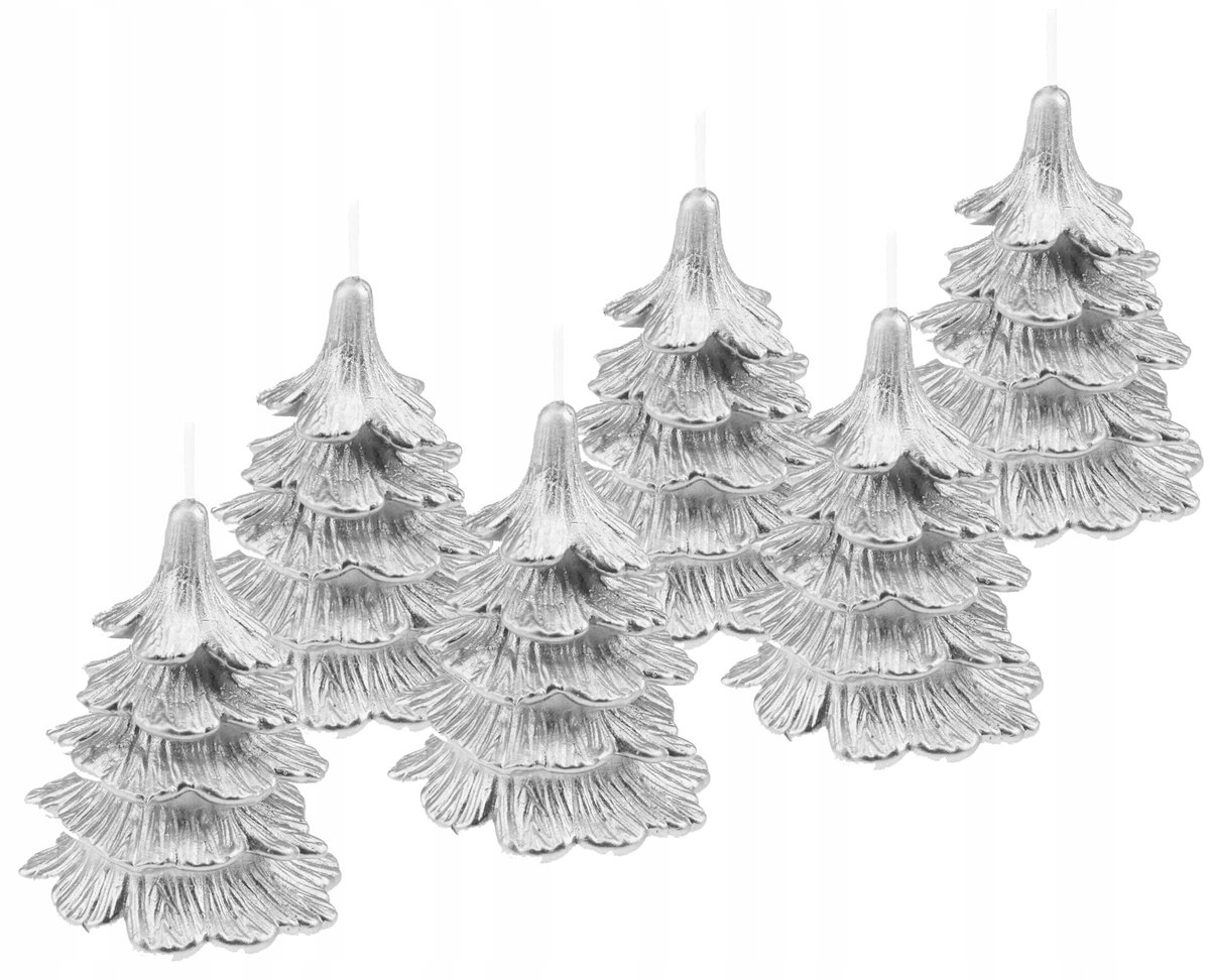 6 x świeczki świąteczne choinka 10 cm cała srebrna