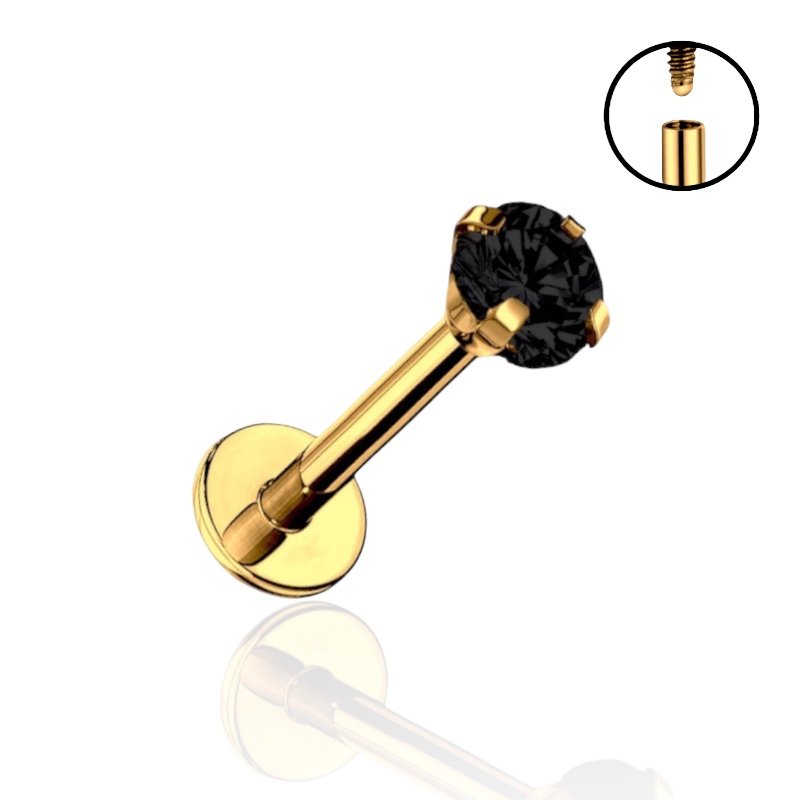 Tytanowy, złoty labret z czarnym kryształkiem. (Rozmiar: 1,2/12/3)