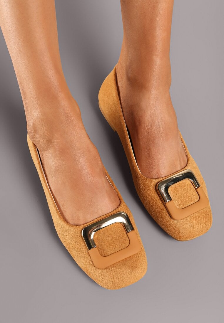 Brązowe Casualowe Balerinki na Płaskiej Podeszwie z Metaliczną Aplikacją Chrissti