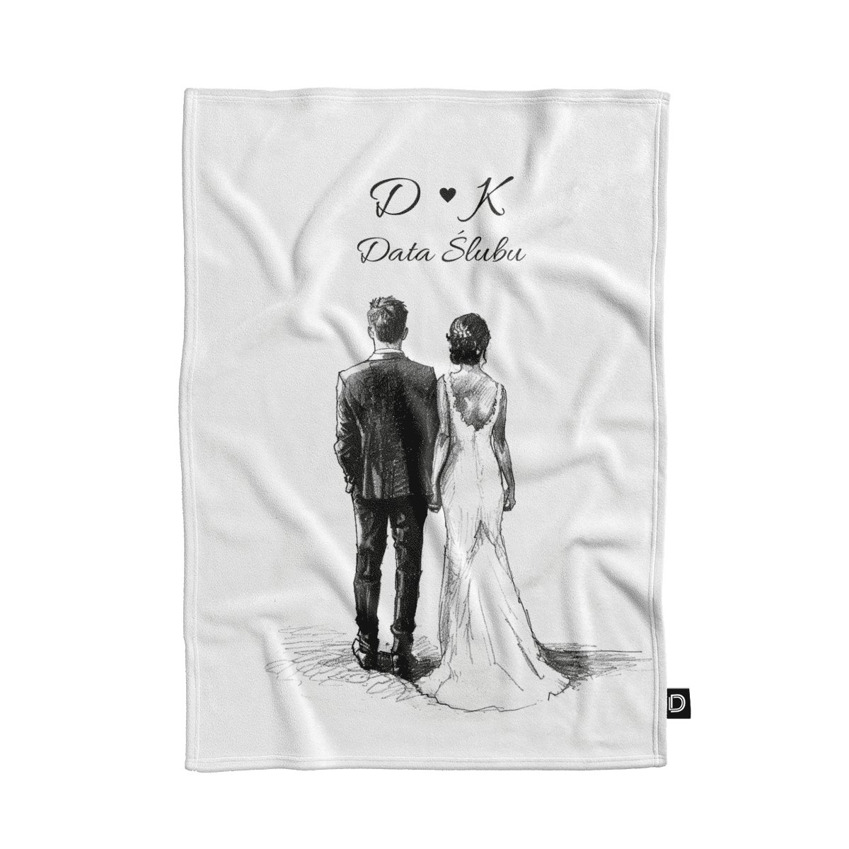 Koc pluszowy ślubny wzór LS09 | szkicowana młoda para 150 x 200 cm