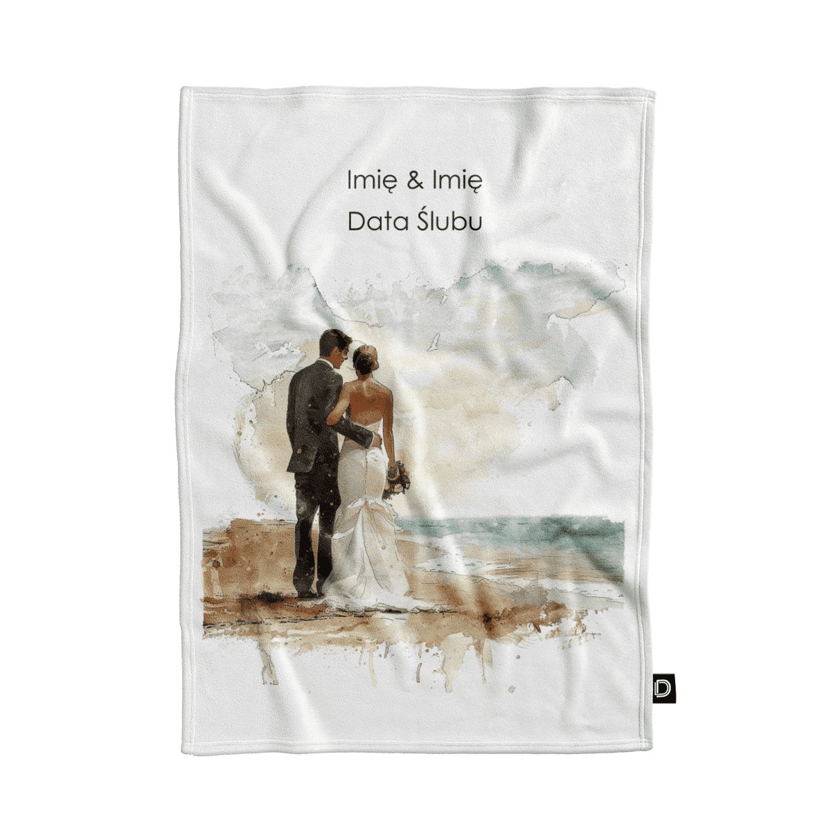 Koc pluszowy ślubny wzór LS18 | młoda para na plaży 80 x 60 cm