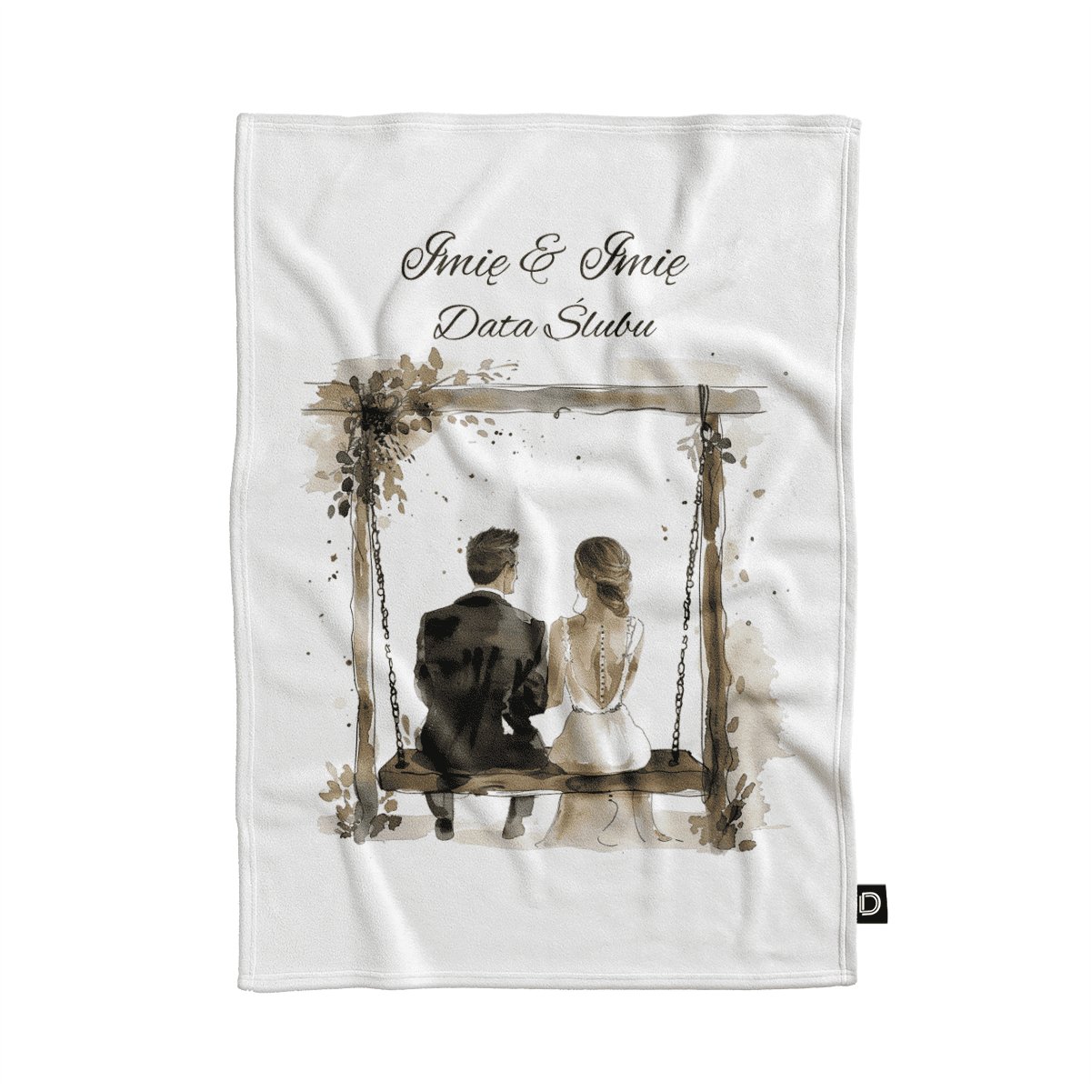 Koc pluszowy ślubny wzór LS23 | para młoda na huśtawce 135 x 100 cm