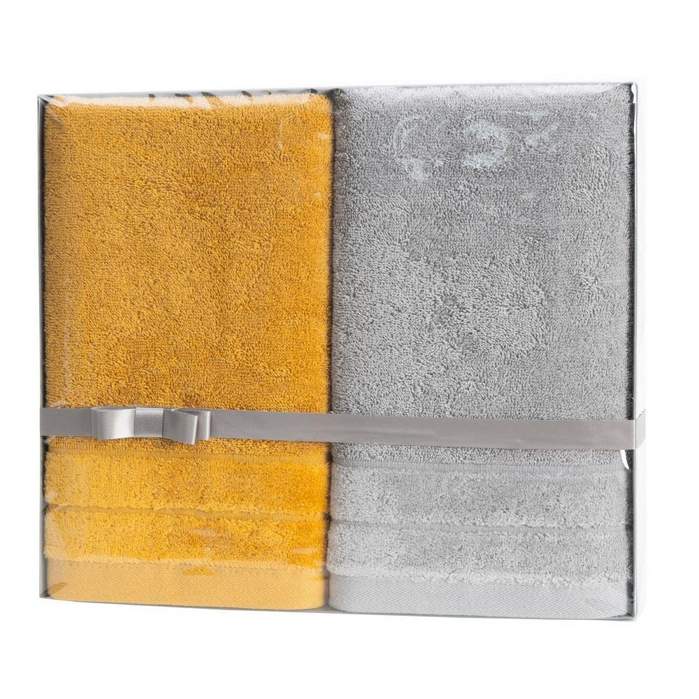 Komplet ręczników 2szt Damla stalowy musztardowy w pudełku zestaw upominkowy na prezent