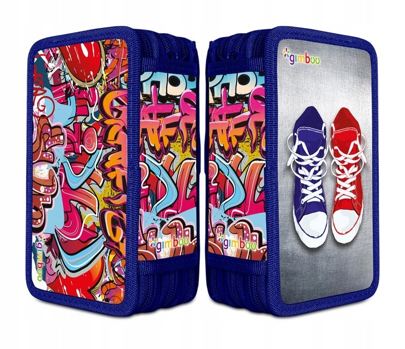 PIÓRNIK SZKOLNY GIMBOO, Z WYPOSAŻ., 3 KOM, GRAFFITI, NIEBIESKI