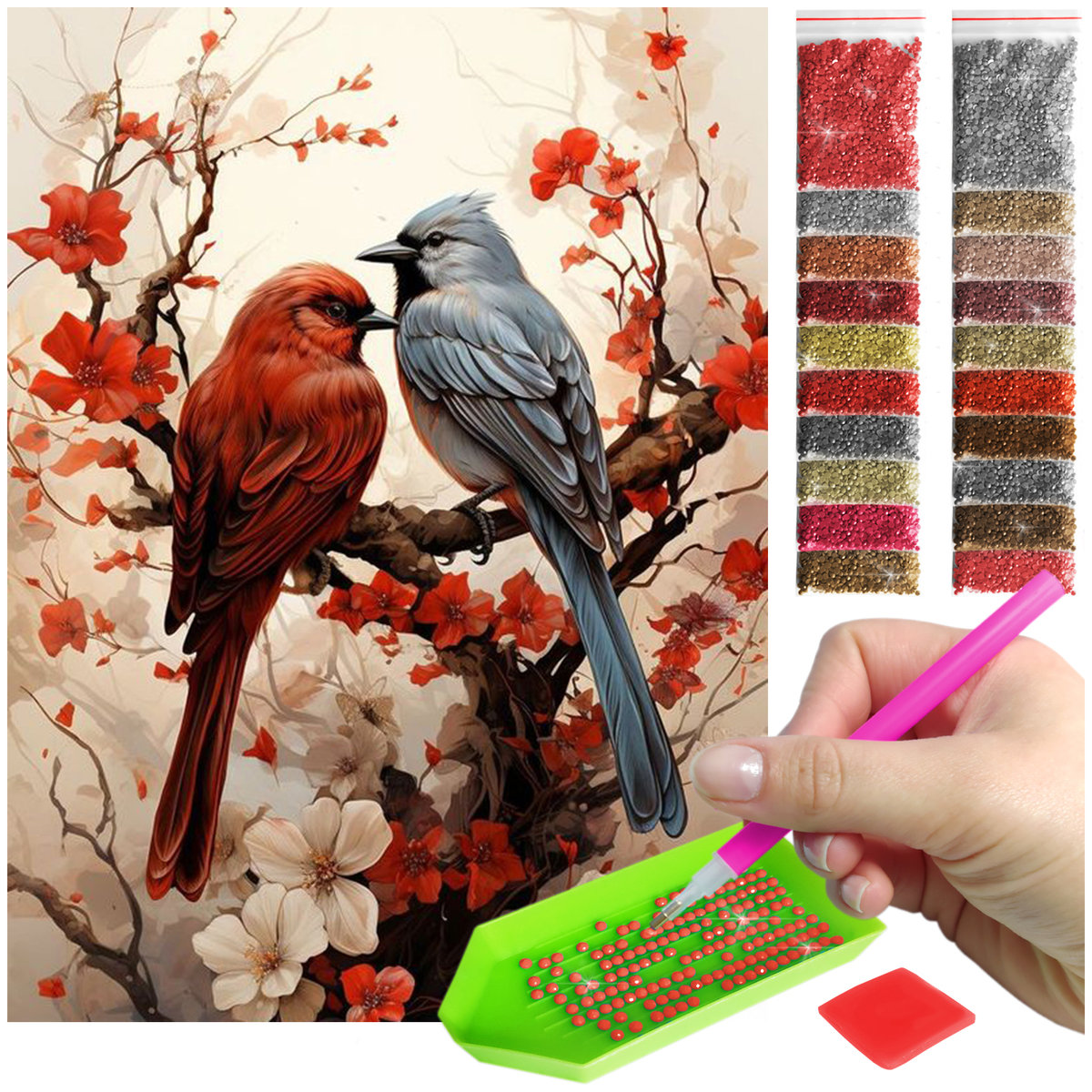 Haft Diamentowy ARTULIO, Obraz DIY 5D, Diamond Painting, Mozaika Diamentowa 30X40cm (Ptaki na gałęzi) + Zestaw Akcesoriów