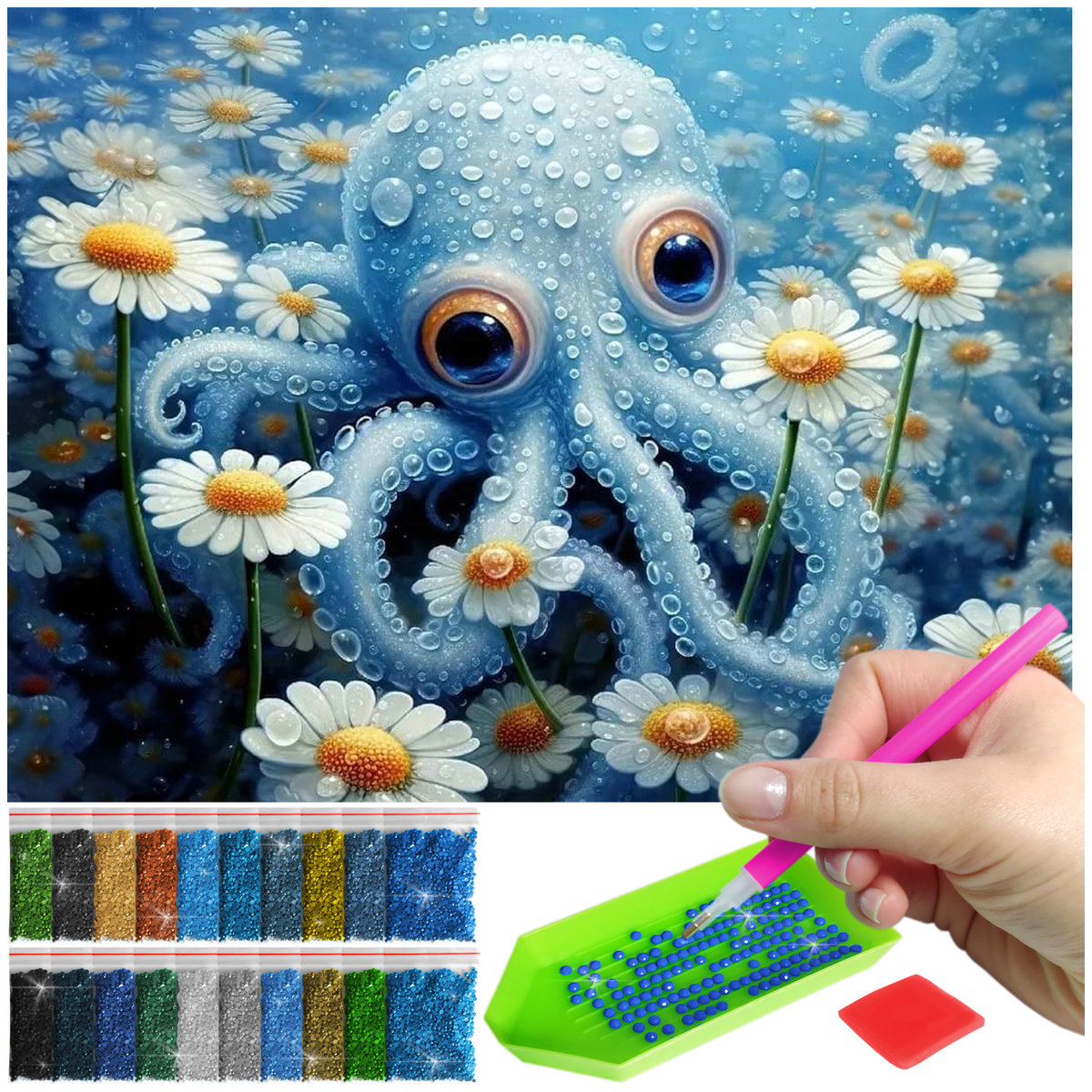 Haft Diamentowy ARTULIO, Obraz DIY 5D, Diamond Painting, Mozaika Diamentowa 30X40cm (Ośmiornica wśród kwiatów) + Zestaw Akcesoriów