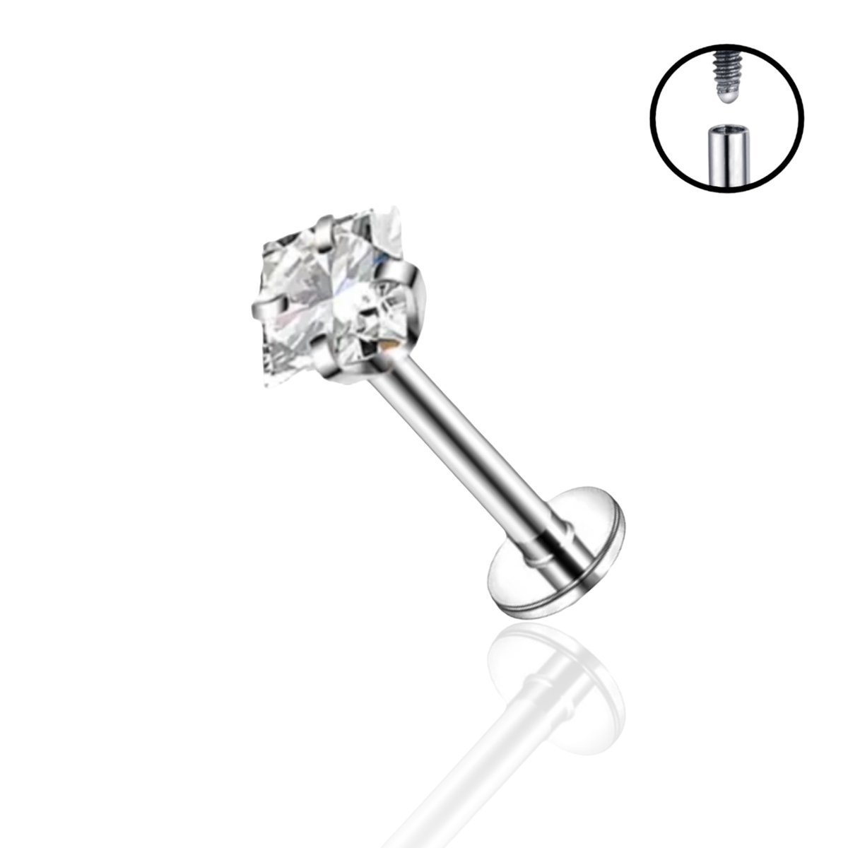 Tytanowy labret z kwadratową cyrkonią. (Rozmiar: 1,2/8/4)