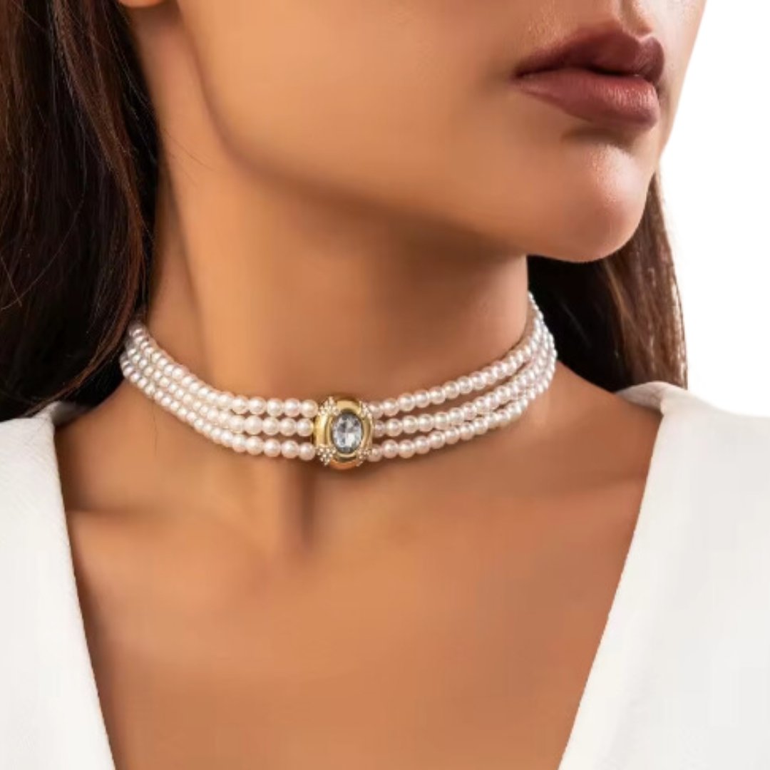 Złoty warstwowy CHOKER perłowy z ozdobną perłą złota oprawa klasyczny