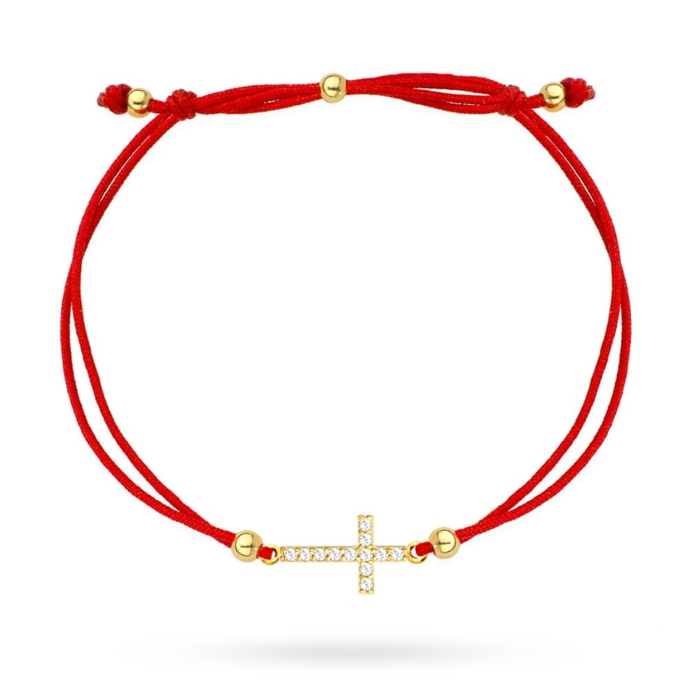 Bransoletka złoty krzyżyk z cyrkoniami na czerwonym sznurku (Gramatura: 0.82)